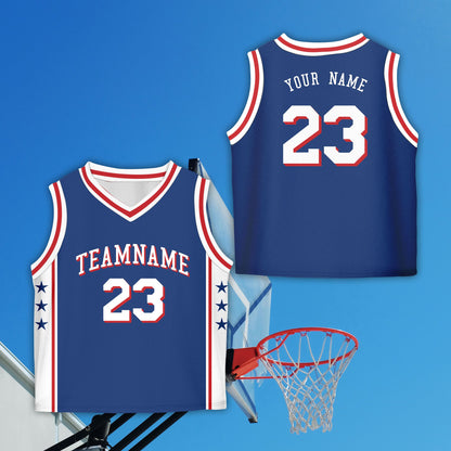 Navy retro basketball jersey featuring custom name and number customization, front view