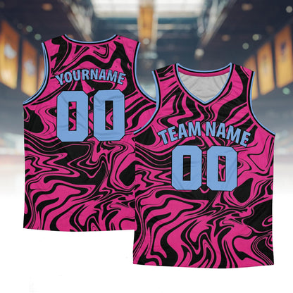 Personalized retro basketball jersey with abstract pink pattern, front view