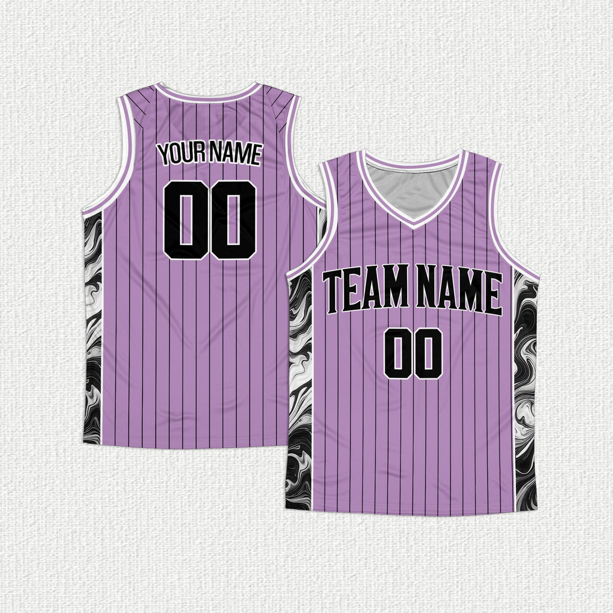 Front view of custom purple retro basketball jersey with marble side panels