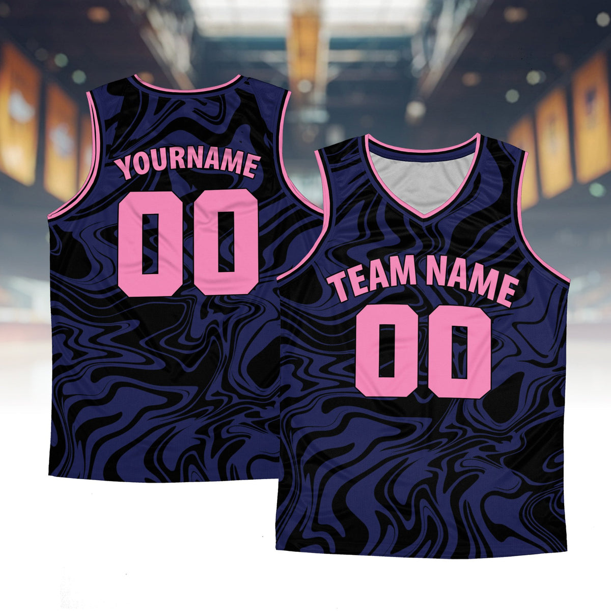 Personalized retro basketball jersey with abstract purple pattern, front view
