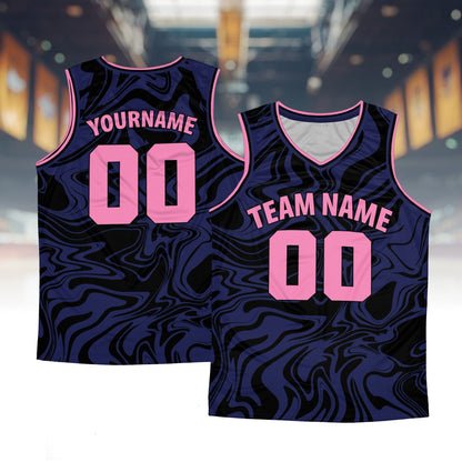 Personalized retro basketball jersey with abstract purple pattern, front view