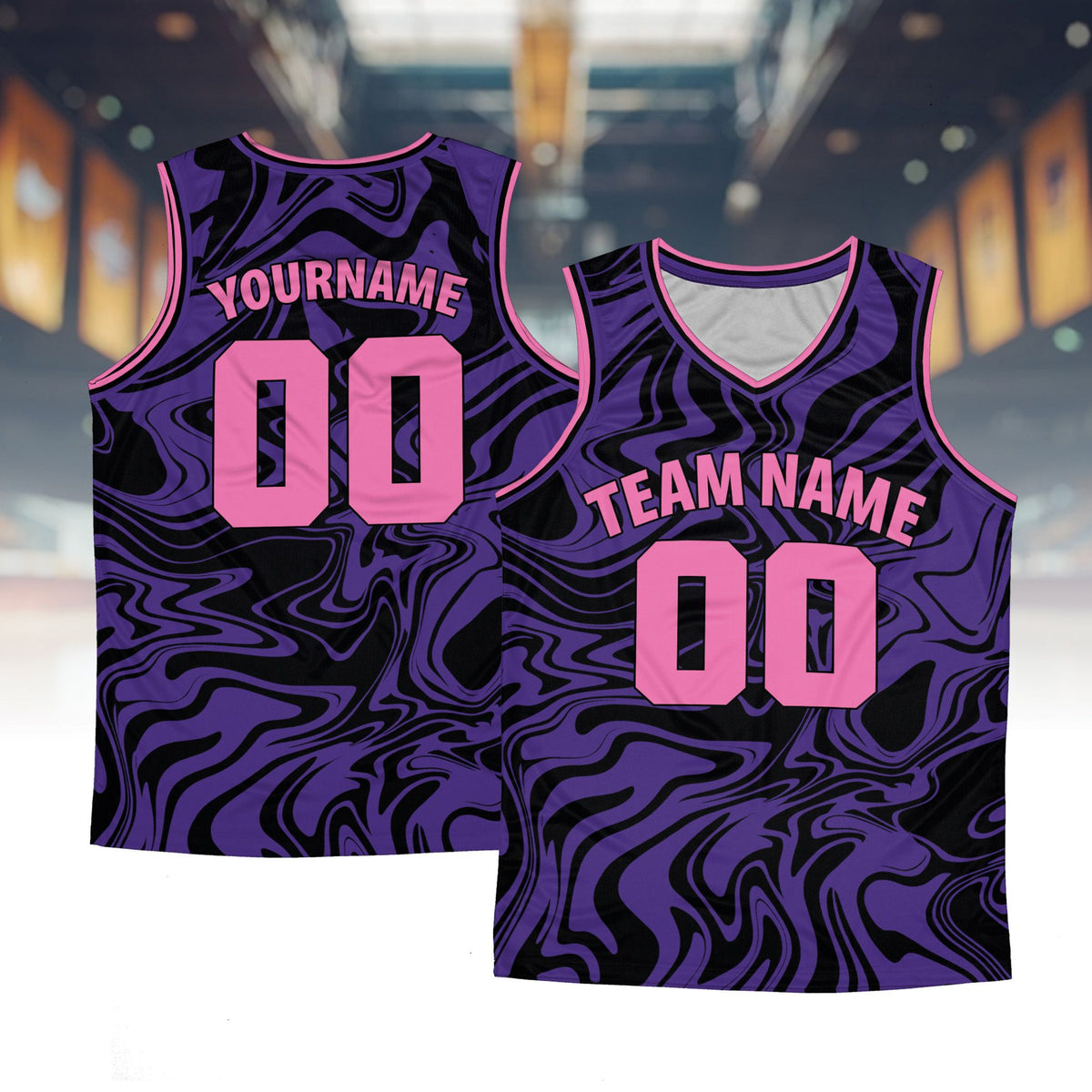 Personalized retro basketball jersey with abstract dark purple pattern, front view