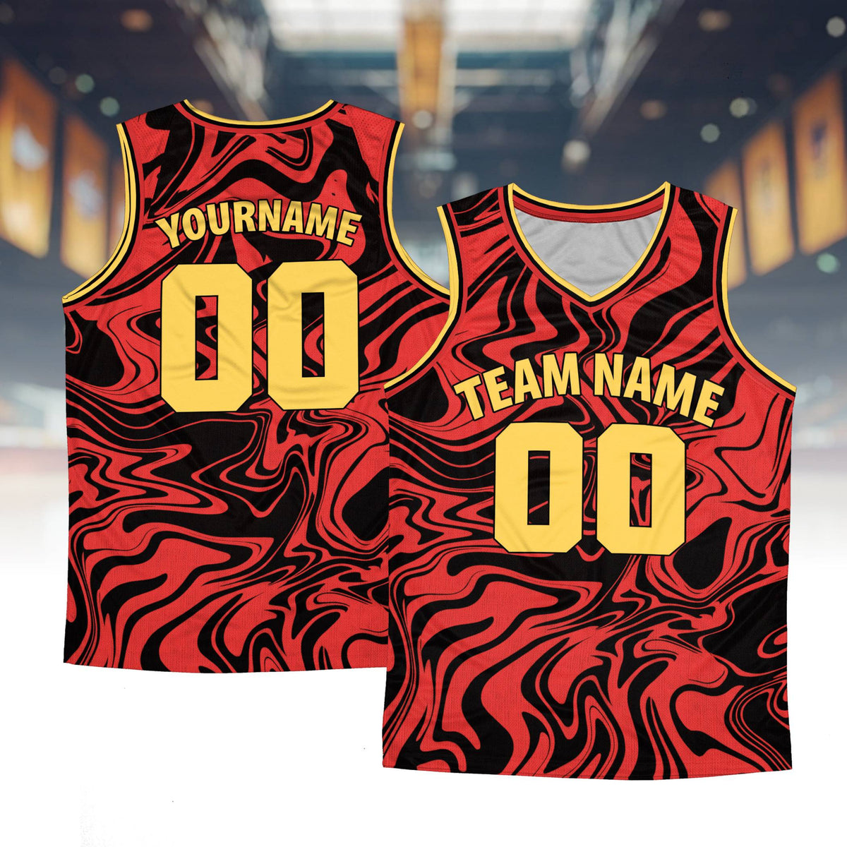 Personalized retro basketball jersey with abstract red pattern, front view