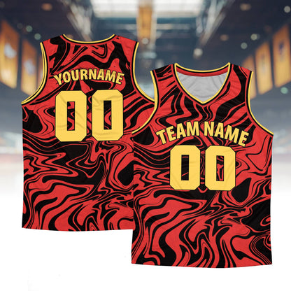 Personalized retro basketball jersey with abstract red pattern, front view