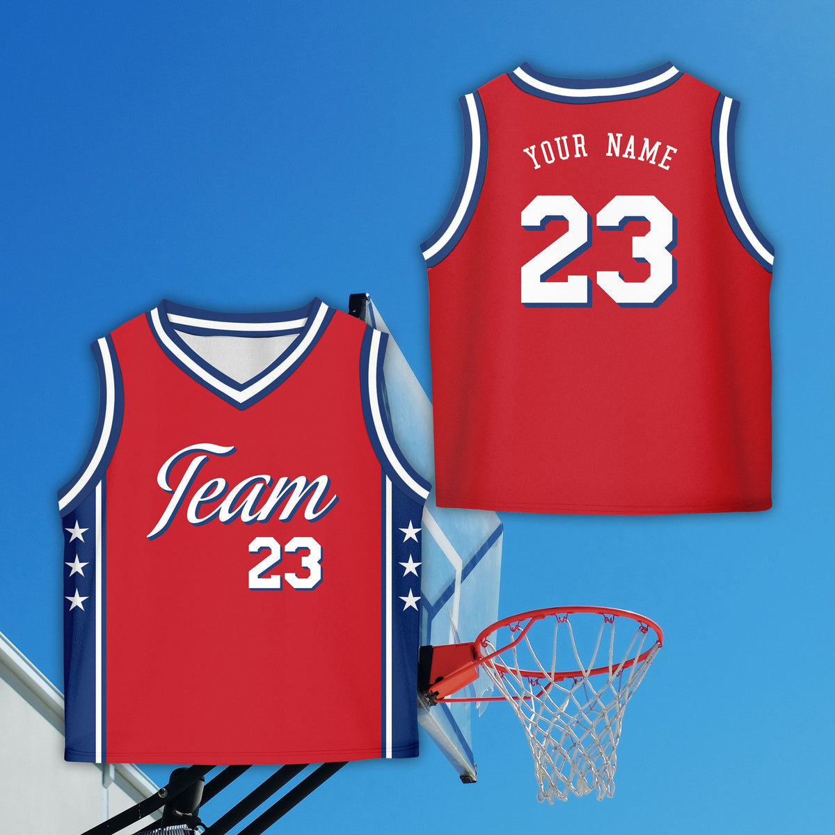 Red custom name and number basketball jersey, front view
