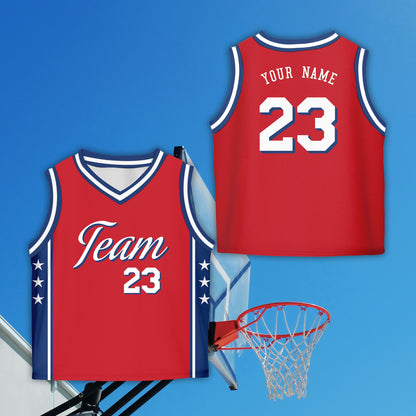 Red custom name and number basketball jersey, front view