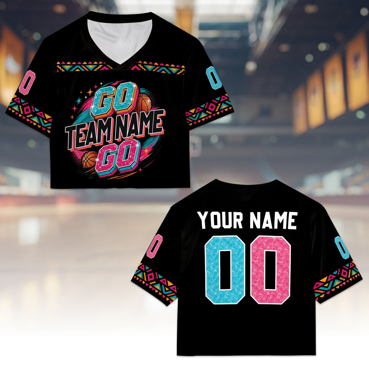 Black retro sports basketball jersey crop top with custom name and number, front view