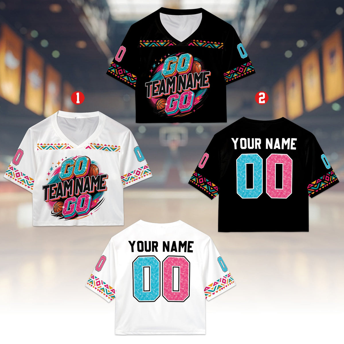 Multicolor retro sports basketball jersey crop top with geometric patterns, front view