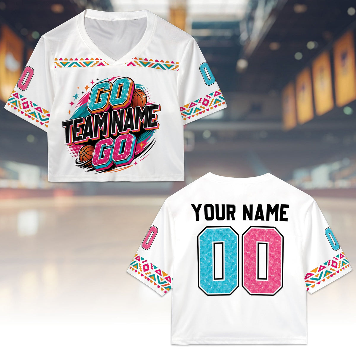 White retro sports basketball jersey crop top with 90s design, front view