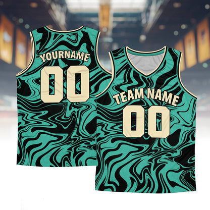 Personalized retro basketball jersey with abstract teal pattern, front view
