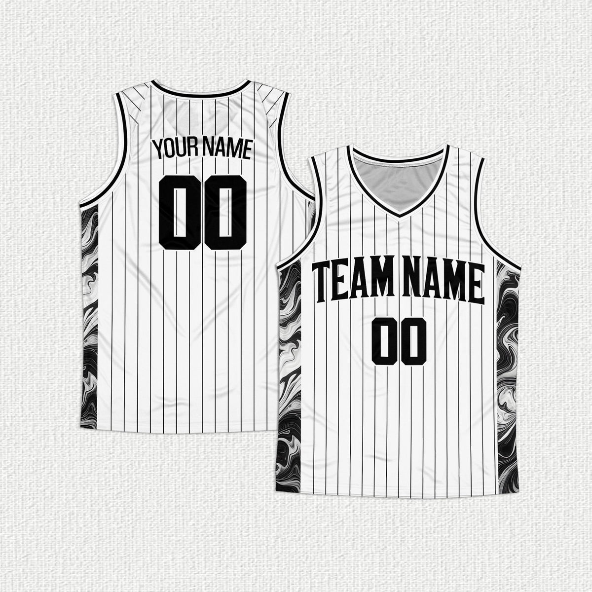 Front view of personalized white retro basketball jersey with pinstripes