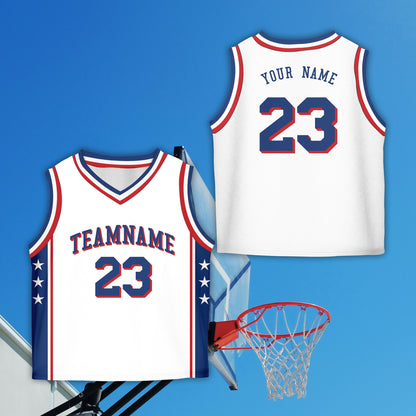 White personalized basketball jersey with contrasting trim, front view