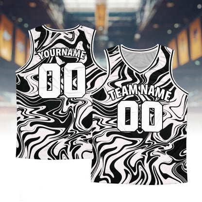 Personalized retro basketball jersey with abstract white pattern, front view