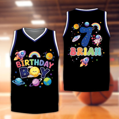 Personalized black space basketball jersey with custom name and number, front view