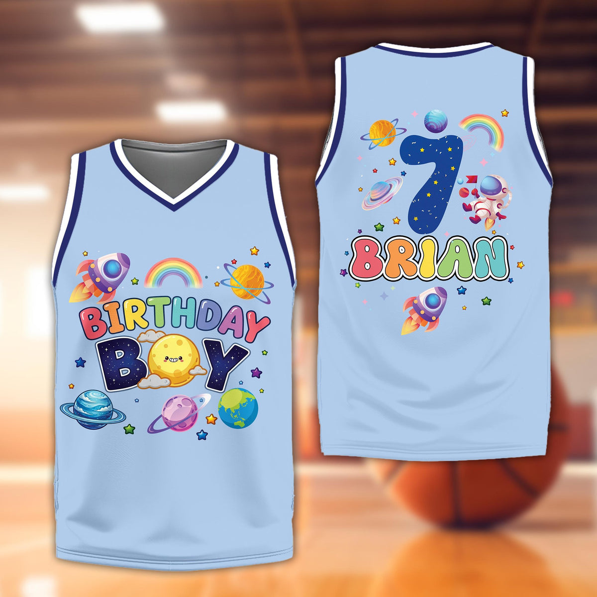 Personalized blue space basketball jersey with custom name and number, front view