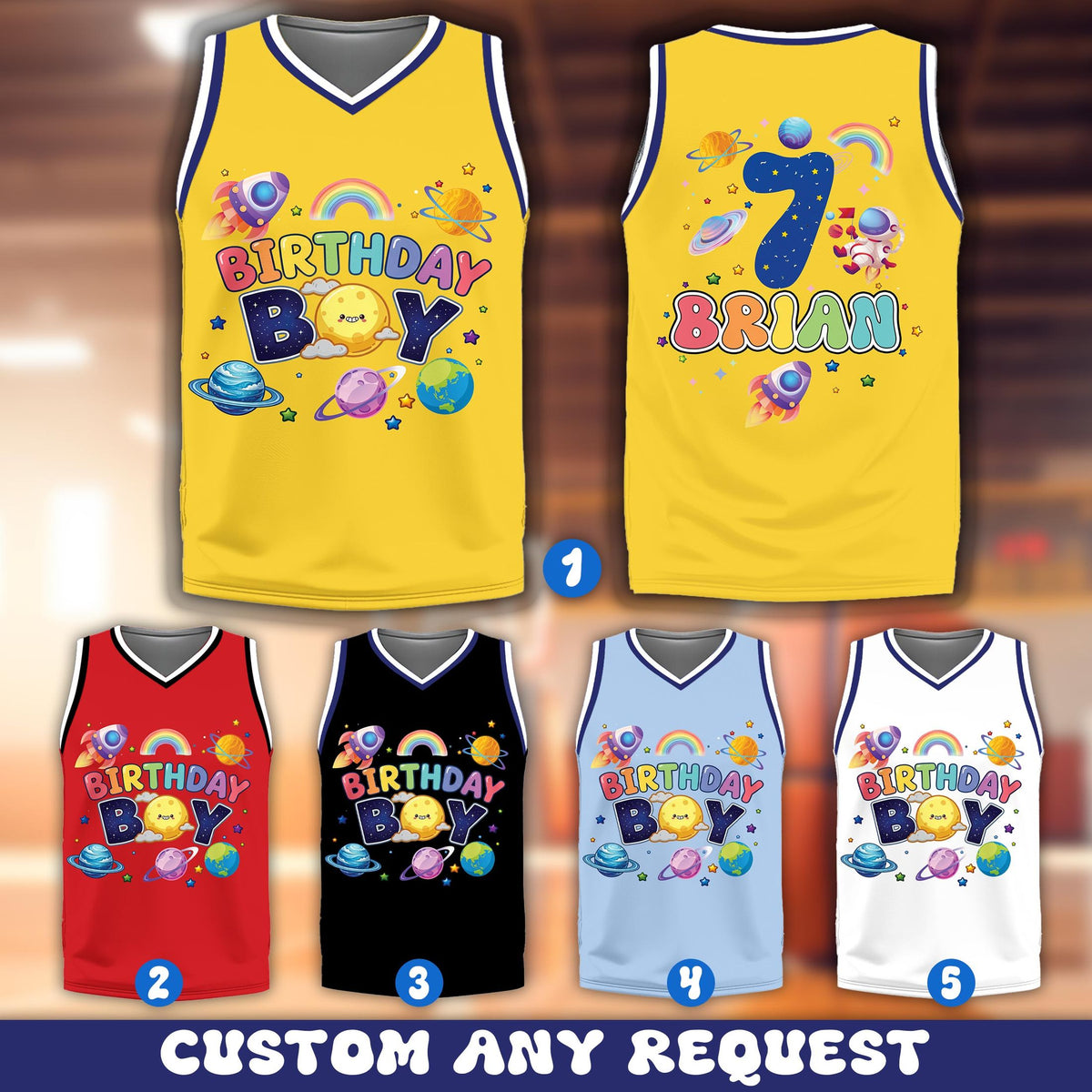 Personalized multicolor space basketball jersey with custom name and number, front view