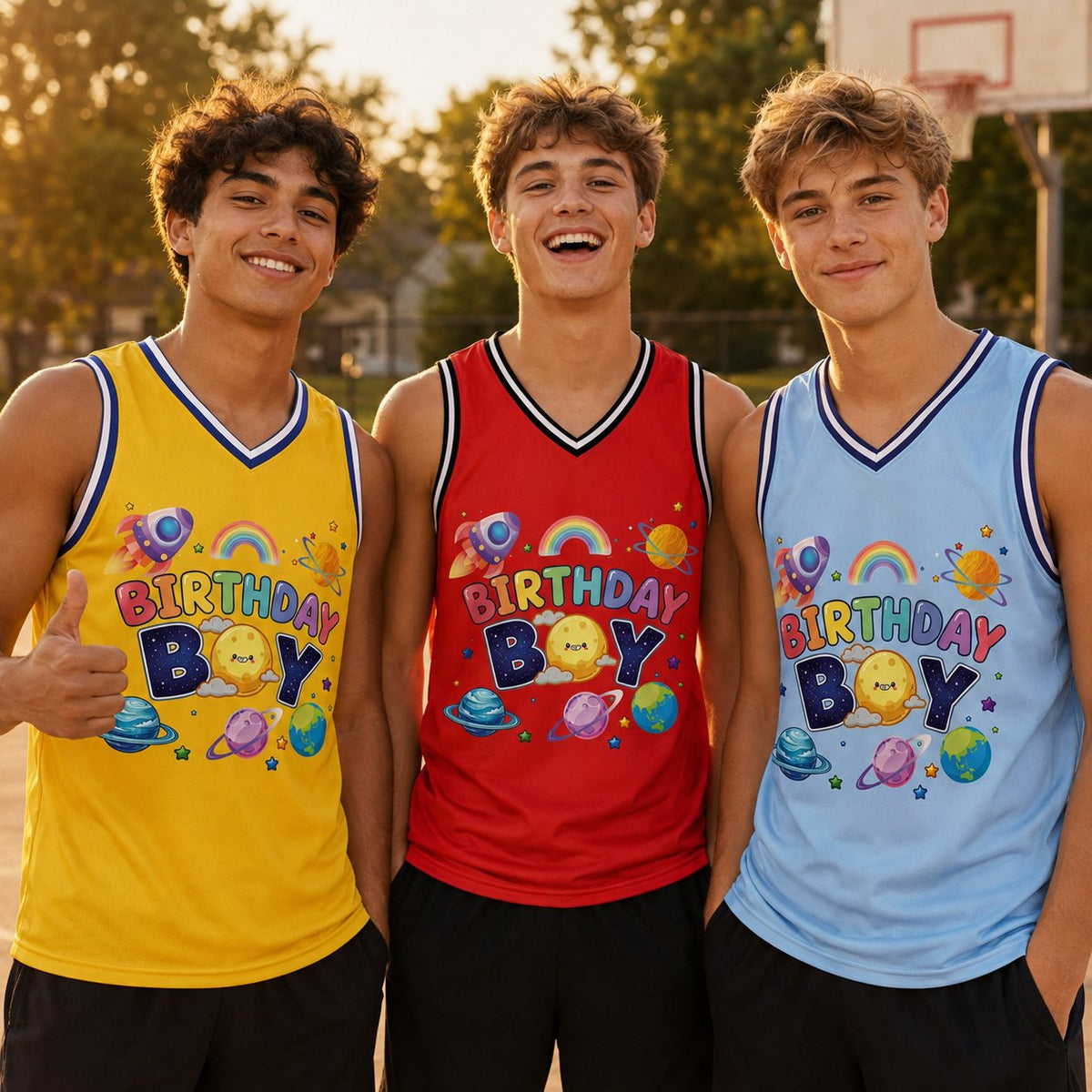 Lifestyle view of an adult wearing the personalized multicolor space basketball jersey