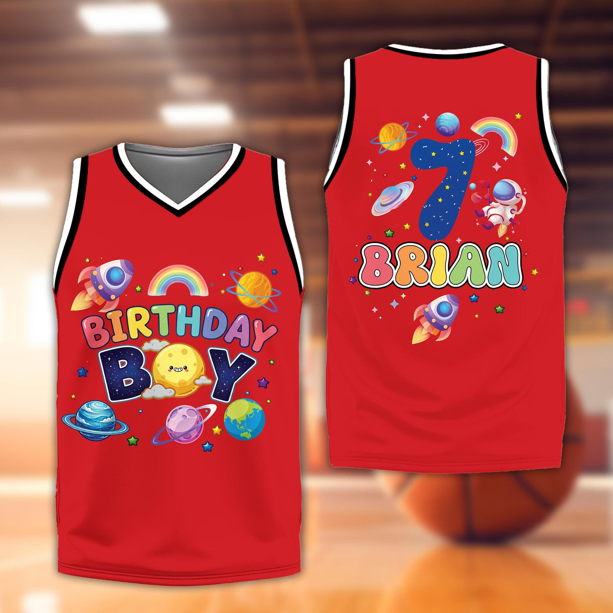 Personalized red space basketball jersey with custom name and number, front view