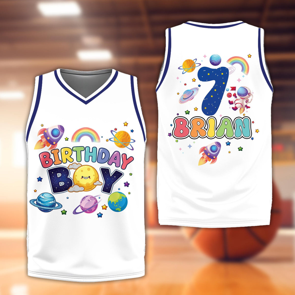Personalized white space basketball jersey with custom name and number, front view
