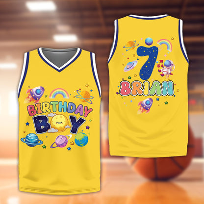 Personalized yellow space basketball jersey with custom name and number, front view