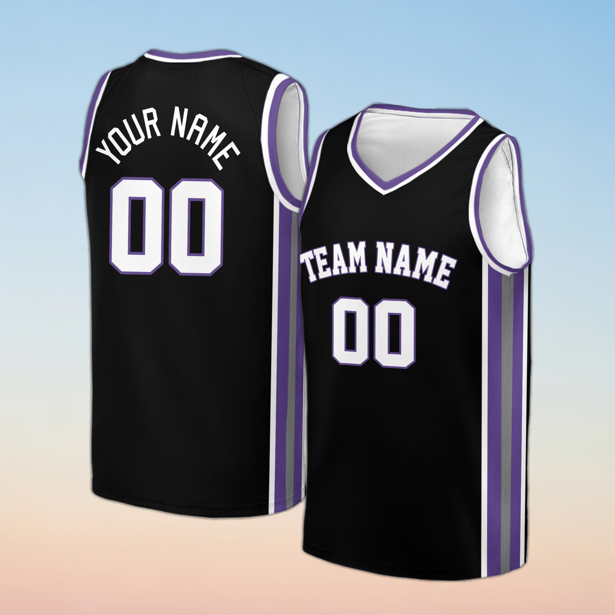 Black personalized basketball jersey with custom name and number, main view