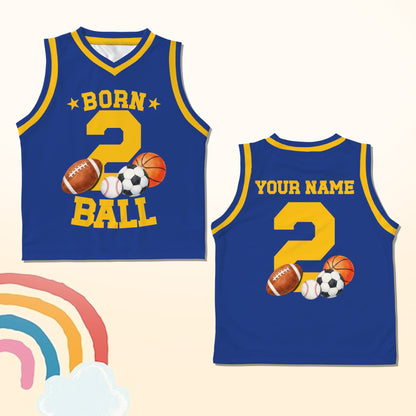 Blue solid basketball jersey with sports ball graphics, front view