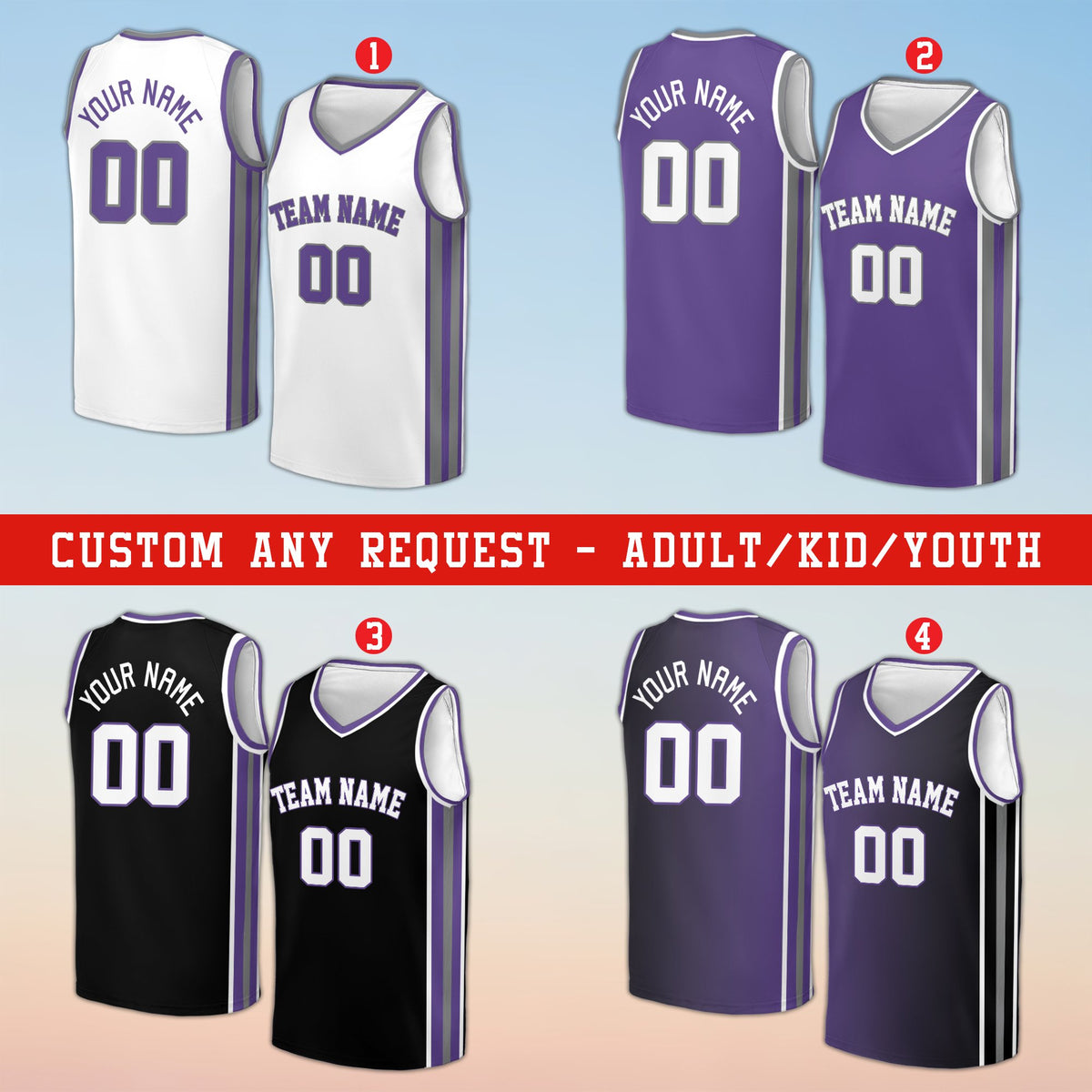 Multicolor personalized sports basketball jersey with custom name and number, front view