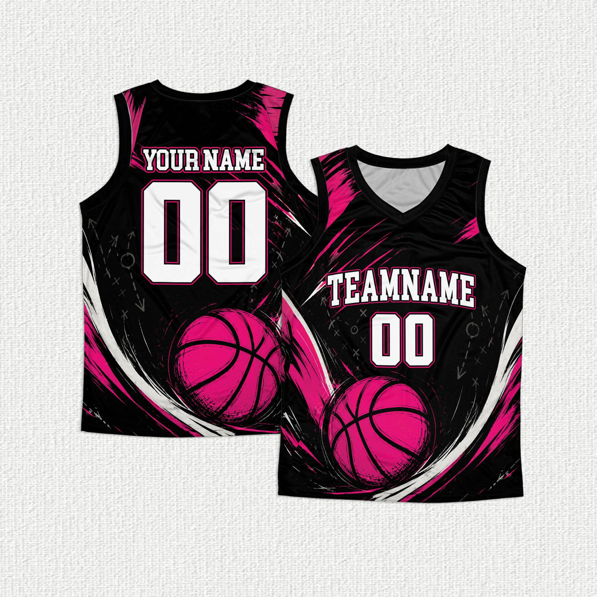 Close-up front view of the personalized basketball jersey showing vibrant colorful background