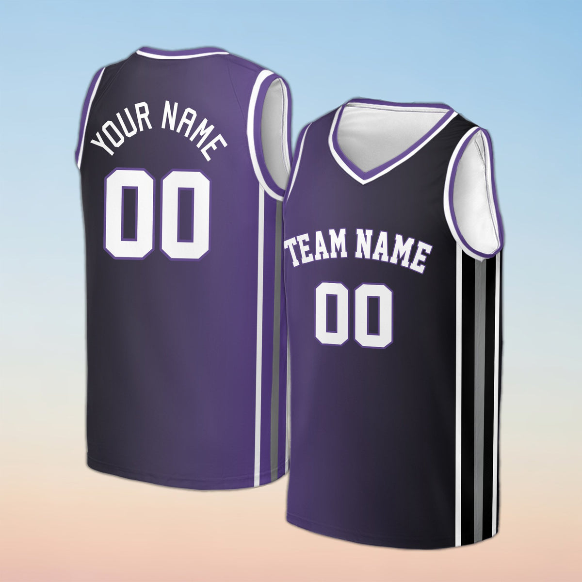 Navy sports basketball jersey featuring a solid pattern and custom name, front view