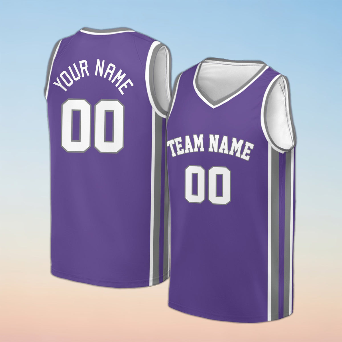 Purple custom basketball jersey with team name and number, front view