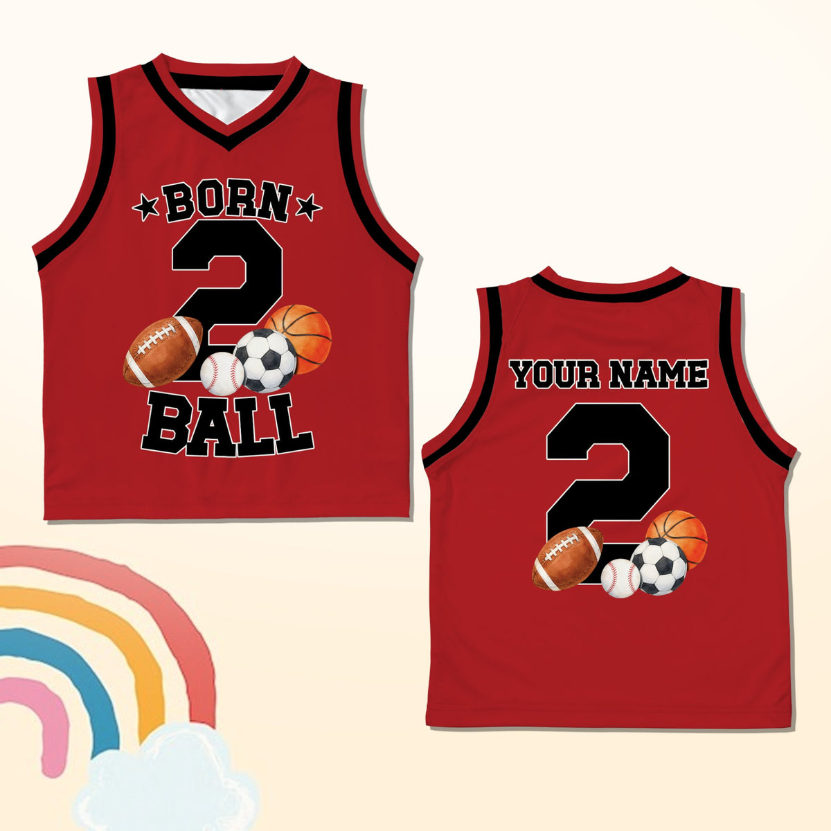 Red personalized basketball jersey with Born 2 Ball design, front view