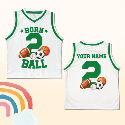 White personalized basketball jersey with sports design, front view
