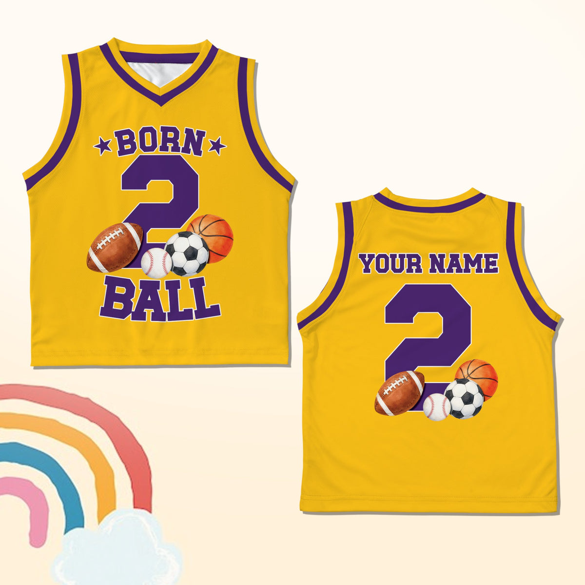 Yellow sports basketball jersey with Born 2 Ball design, front view