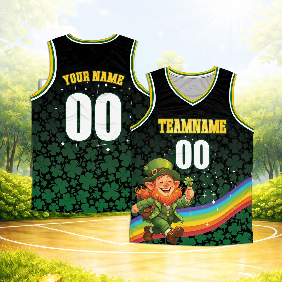 Front view of the St. Patrick's day basketball jersey in black with a custom name and number