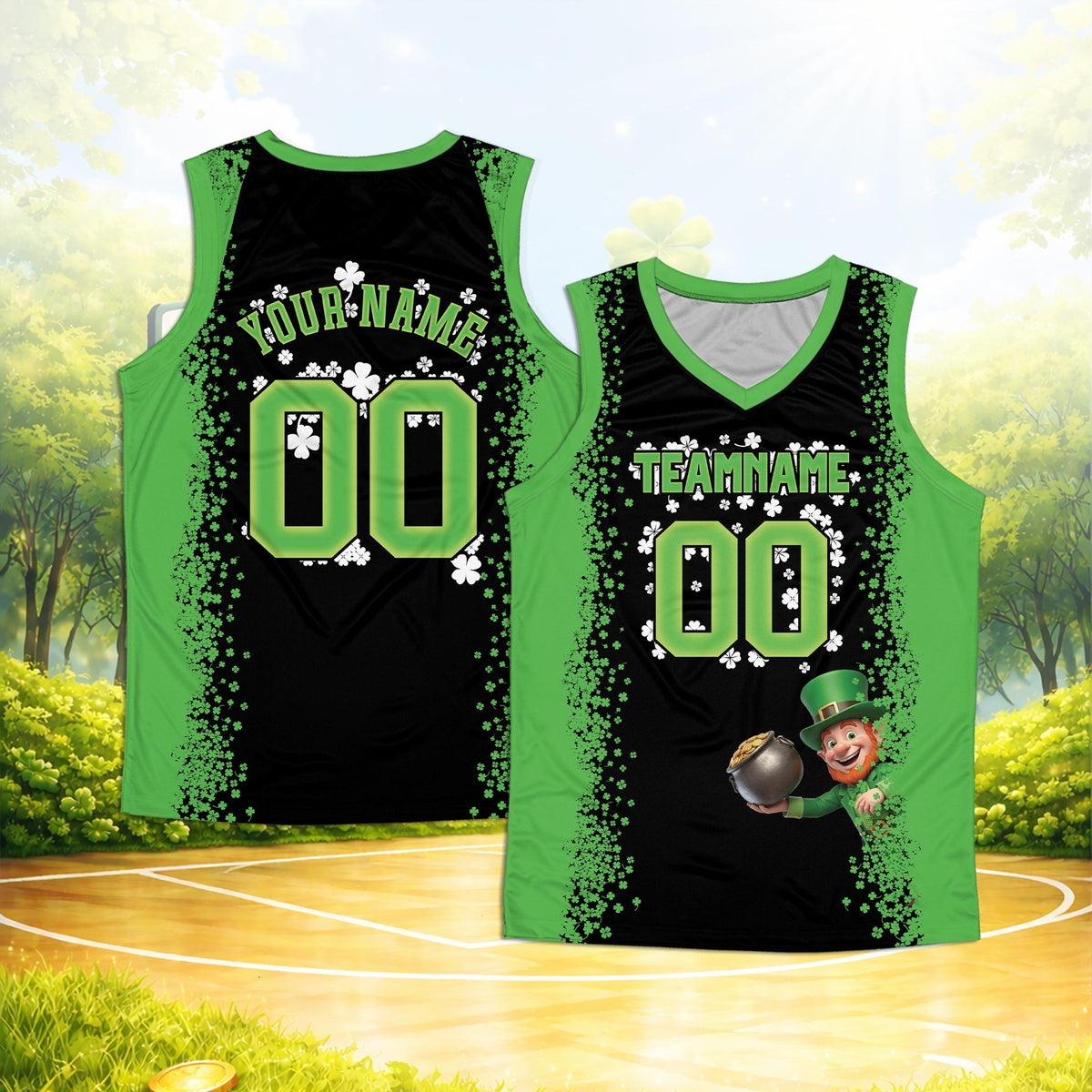 Black st. patrick's day basketball jersey with custom name and number and a leprechaun design, front view