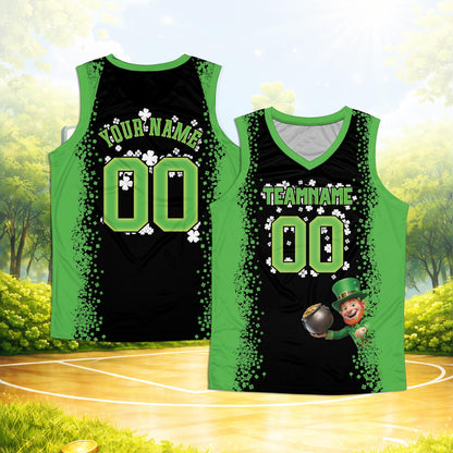 Black st. patrick's day basketball jersey with custom name and number and a leprechaun design, front view