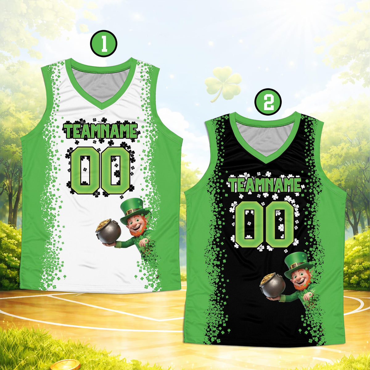 Green st. patrick's day basketball jersey with shamrock detailing and pot of gold design, front view