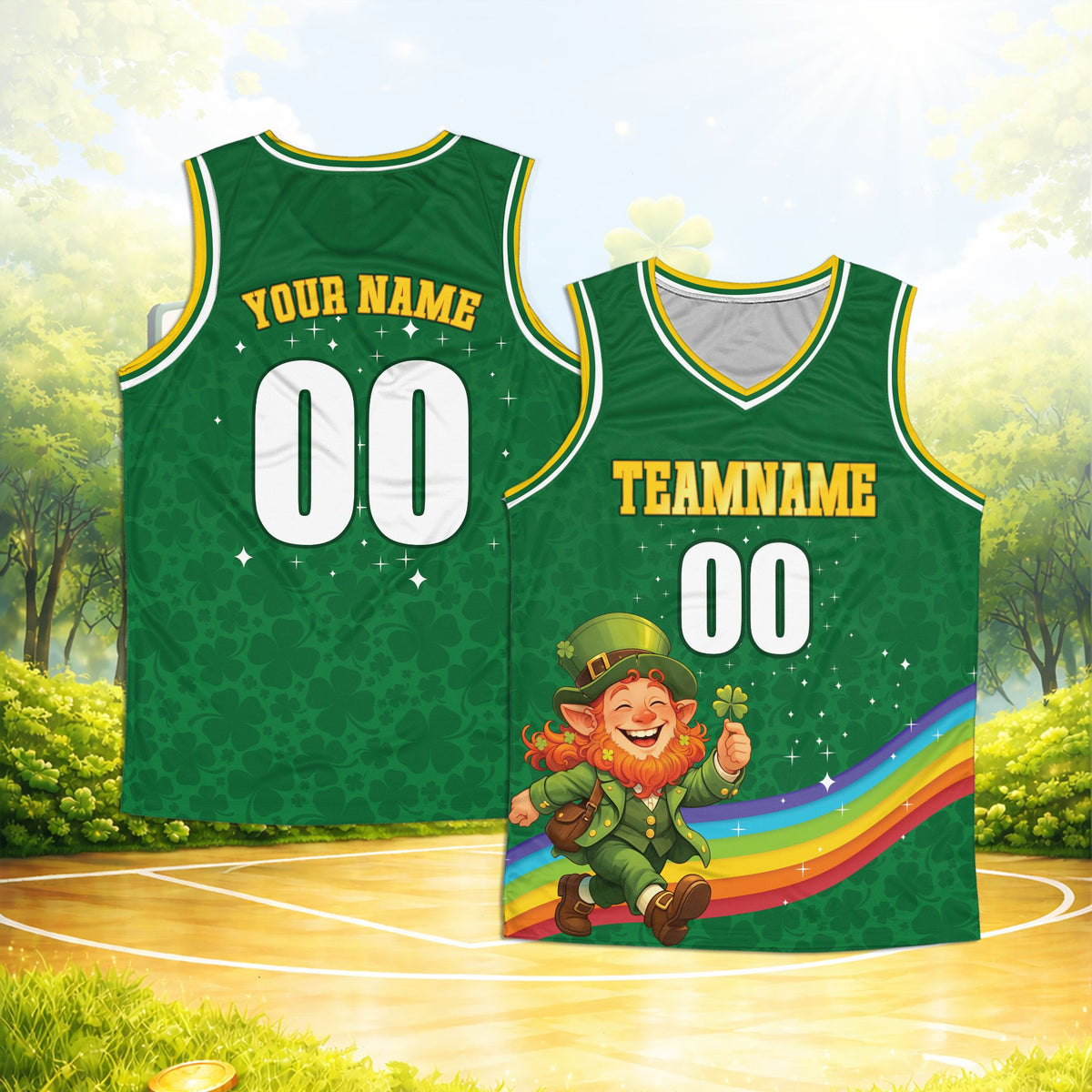 Main view of the green patrick basketball jersey with custom name and number featuring a leprechaun and rainbow design