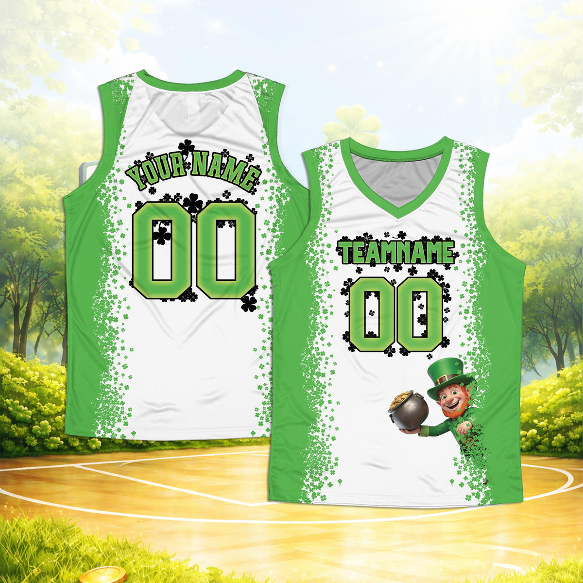 White st. patrick's day basketball jersey featuring shamrock borders and a leprechaun, front view