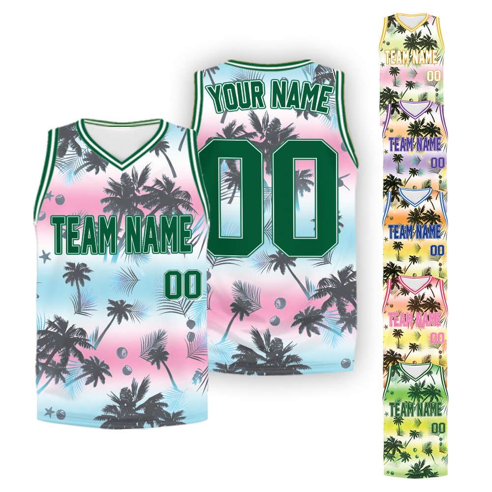 Summer basketball jersey featuring sunset palm tree design