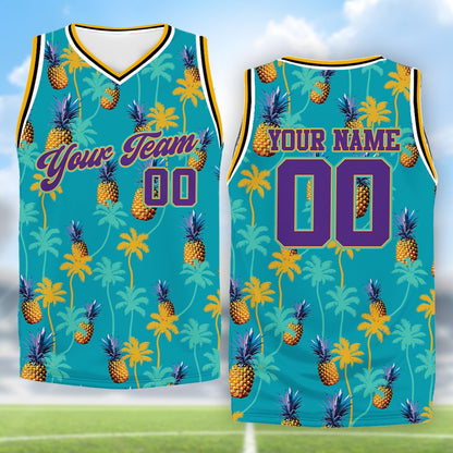 Detailed front view of the personalized teal tropical basketball jersey