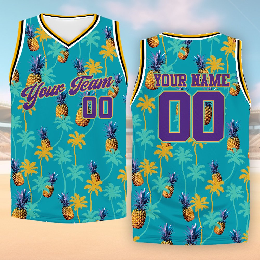 Teal tropical basketball jersey with custom name and number, main view