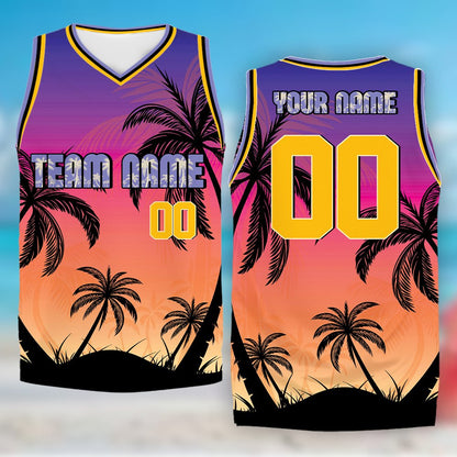 Close-up of the tropical sunset basketball jersey front design