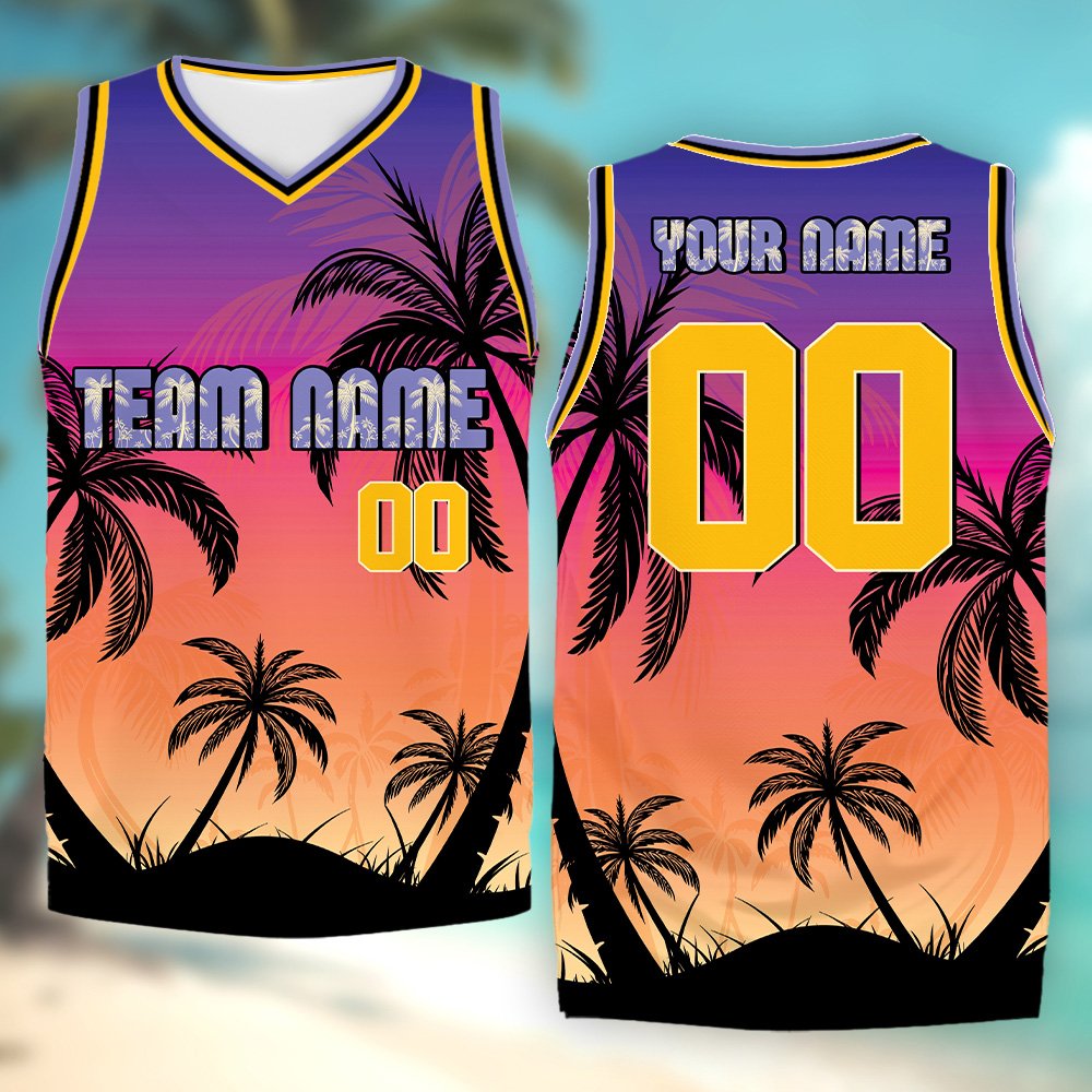 Sleeveless tropical basketball jersey showing gradient colors, front view