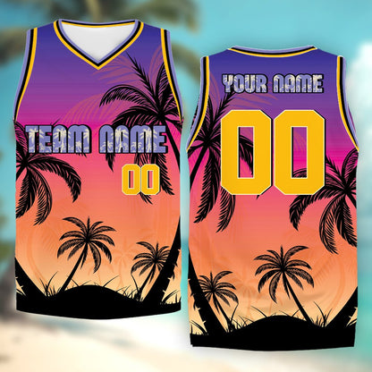 Sleeveless tropical basketball jersey showing gradient colors, front view