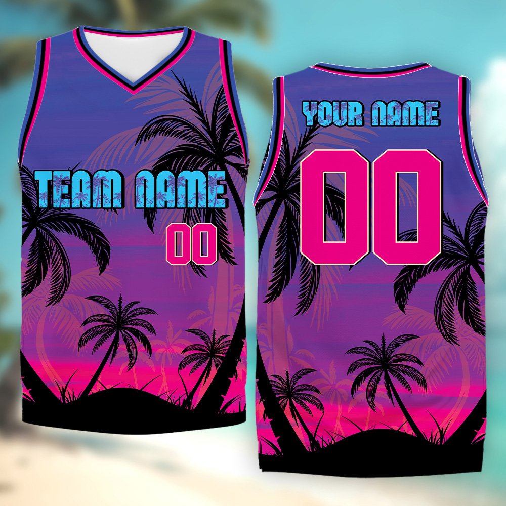 Custom basketball jersey featuring summer sunset design, front view