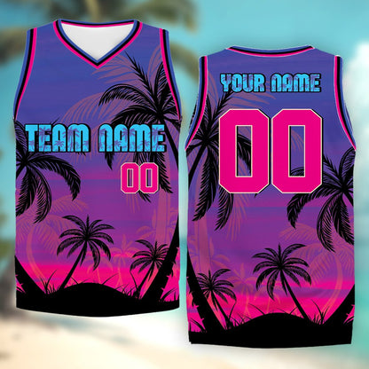 Custom basketball jersey featuring summer sunset design, front view