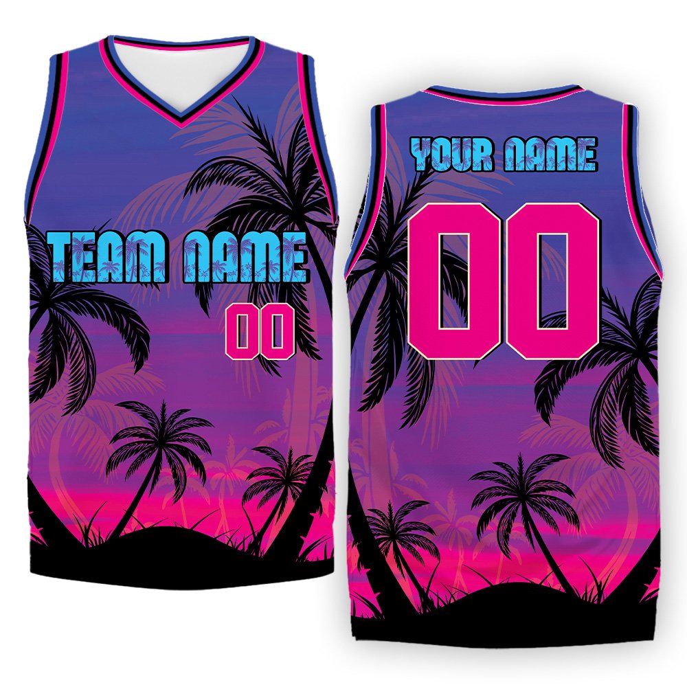 Bright orange, purple, and blue tropical sunset basketball jersey, front view