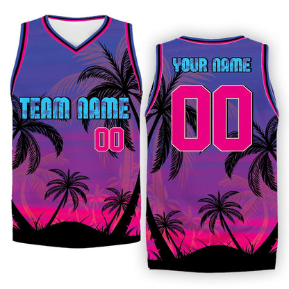 Bright orange, purple, and blue tropical sunset basketball jersey, front view