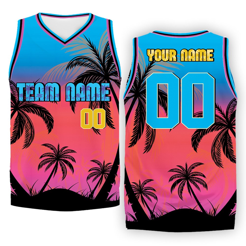 Front view of the custom tropical sunset basketball jersey